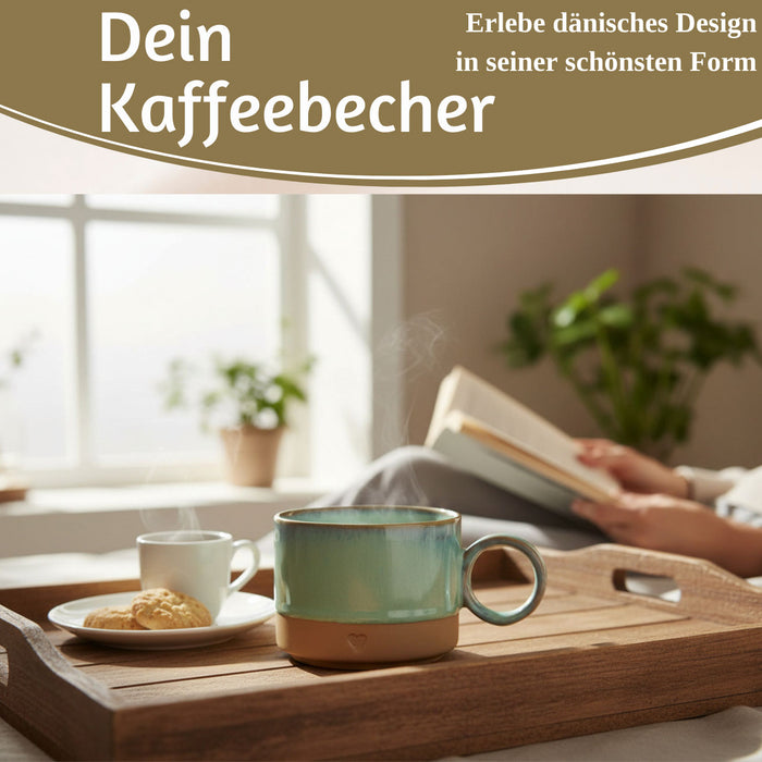 Steingut Tontasse Kaffeebecher 290ml Aqua Herz Tonbecher Henkelbecher Kaffeetasse