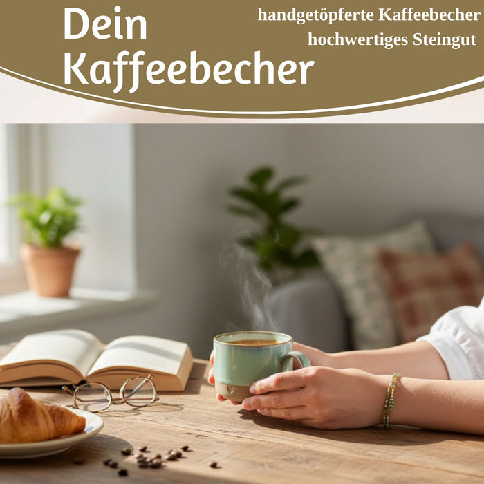Steingut Tontasse Kaffeebecher 290ml Aqua Herz Tonbecher Henkelbecher Kaffeetasse