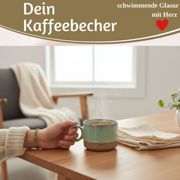 Steingut Tontasse Kaffeebecher 290ml Aqua Herz Tonbecher Henkelbecher Kaffeetasse