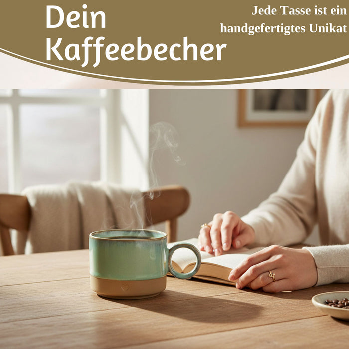 Steingut Tontasse Kaffeebecher 290ml Aqua Herz Tonbecher Henkelbecher Kaffeetasse