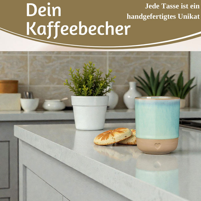 Steingut Tontasse Kaffeebecher 190ml Aqua Herz Tonbecher Teebecher Kaffeetasse