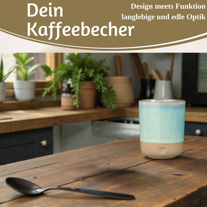 Steingut Tontasse Kaffeebecher 190ml Aqua Herz Tonbecher Teebecher Kaffeetasse