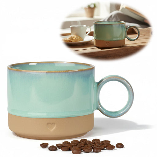 Steingut Tontasse Kaffeebecher 290ml Aqua Herz Tonbecher Henkelbecher Kaffeetasse