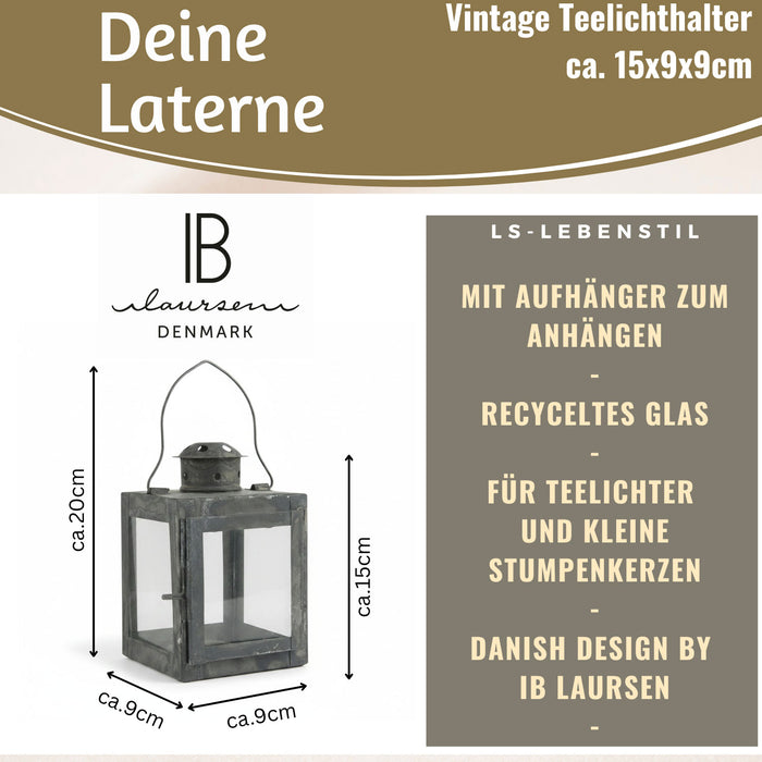 IB Laursen Vintage Laterne Windlicht 15cm Metall Grau Teelicht Stumpenkerze