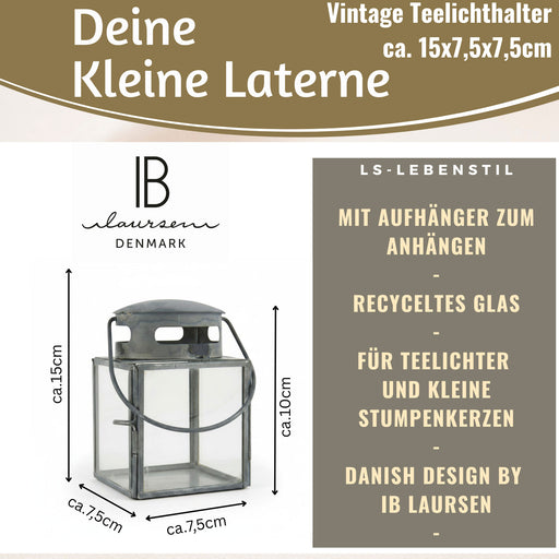 IB Laursen Vintage Laterne Windlicht 10cm Metall Grau Teelicht Stumpenkerze