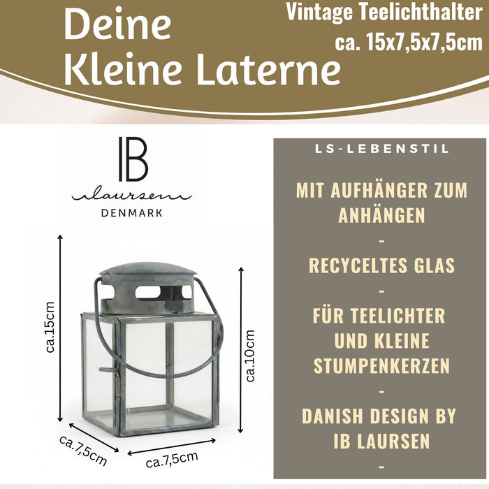 IB Laursen Vintage Laterne Windlicht 10cm Metall Grau Teelicht Stumpenkerze