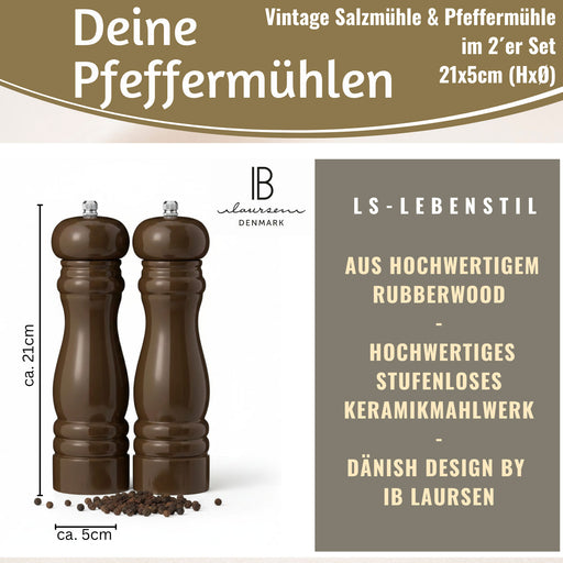 KI-generiertes Bild,iB Laursen Holz Salzmühle & Pfeffermühle Set Braun Chocolate 21x5cm Keramikmahlwerk Gewürzmühle