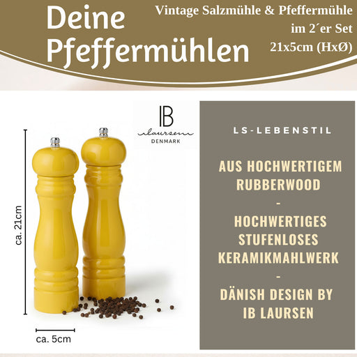 Design Holz Salzmühle & Pfeffermühle Set Gelb 21x5cm Keramikmahlwerk Gewürzmühle