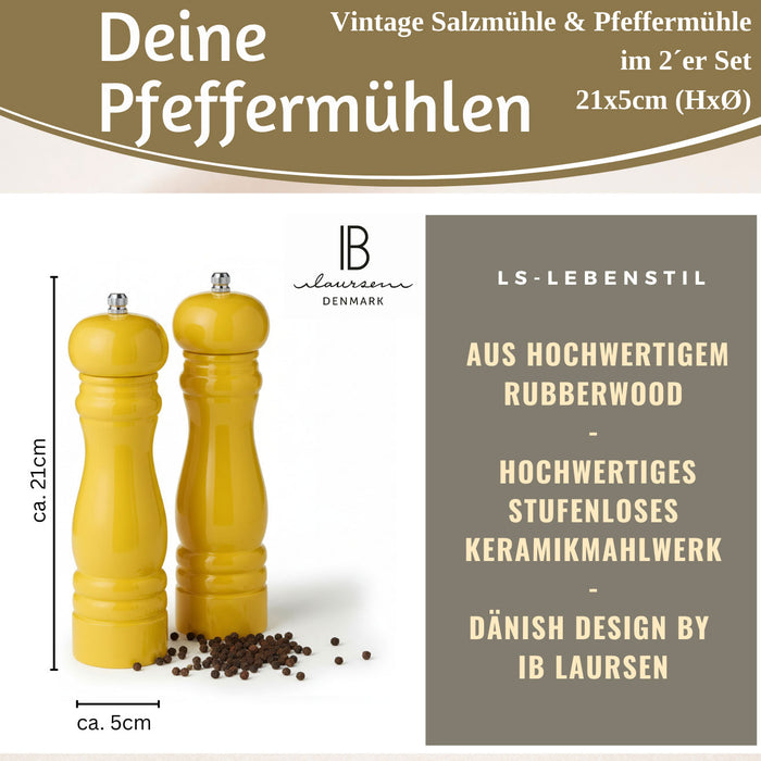 Design Holz Salzmühle & Pfeffermühle Set Gelb 21x5cm Keramikmahlwerk Gewürzmühle