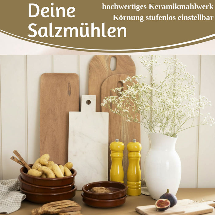 Design Holz Salzmühle & Pfeffermühle Set Gelb 21x5cm Keramikmahlwerk Gewürzmühle