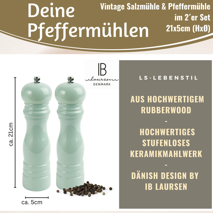 Design Holz Salzmühle & Pfeffermühle Set Grün 21x5cm Keramikmahlwerk Gewürzmühle