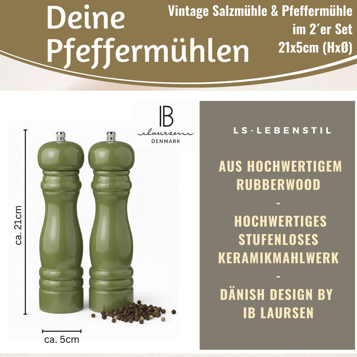 KI-generiertes Bild,iB Laursen Holz Salzmühle & Pfeffermühle Set Grün 21x5cm Keramikmahlwerk Gewürzmühle