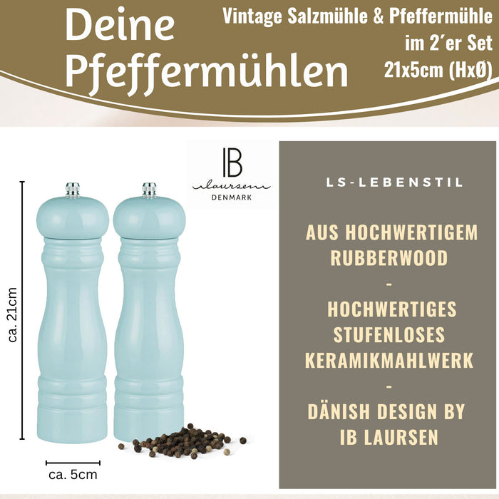 Design Holz Salzmühle & Pfeffermühle Set Blau 21x5cm Keramikmahlwerk Gewürzmühle
