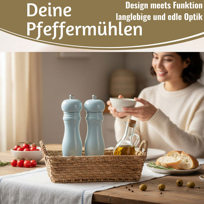Design Holz Salzmühle & Pfeffermühle Set Blau 21x5cm Keramikmahlwerk Gewürzmühle