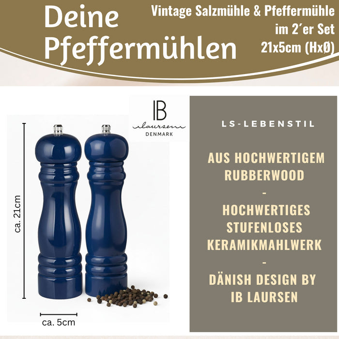 Design Holz Salzmühle & Pfeffermühle Set Indigo 21cm Keramikmahlwerk Gewürzmühle