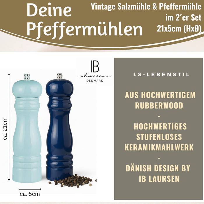 Design Holz Salzmühle & Pfeffermühle Set Blau Mix 21cm Keramikmahlwerk Gewürzmühle