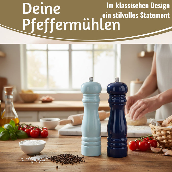 KI-generiertes Bild,Design Holz Salzmühle & Pfeffermühle Set Blau Mix 21cm Keramikmahlwerk Gewürzmühle