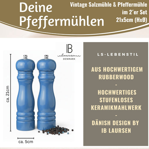 KI-generiertes Bild,iB Laursen Holz Salzmühle & Pfeffermühle Set Blau 21x5cm Keramikmahlwerk Gewürzmühle