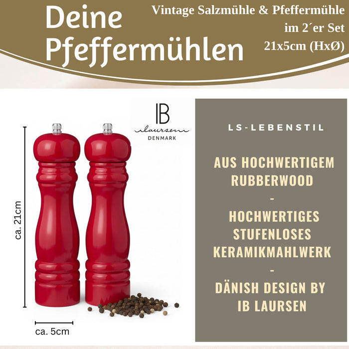 Design Holz Salzmühle & Pfeffermühle Set Rot 21x5cm Keramikmahlwerk Gewürzmühle