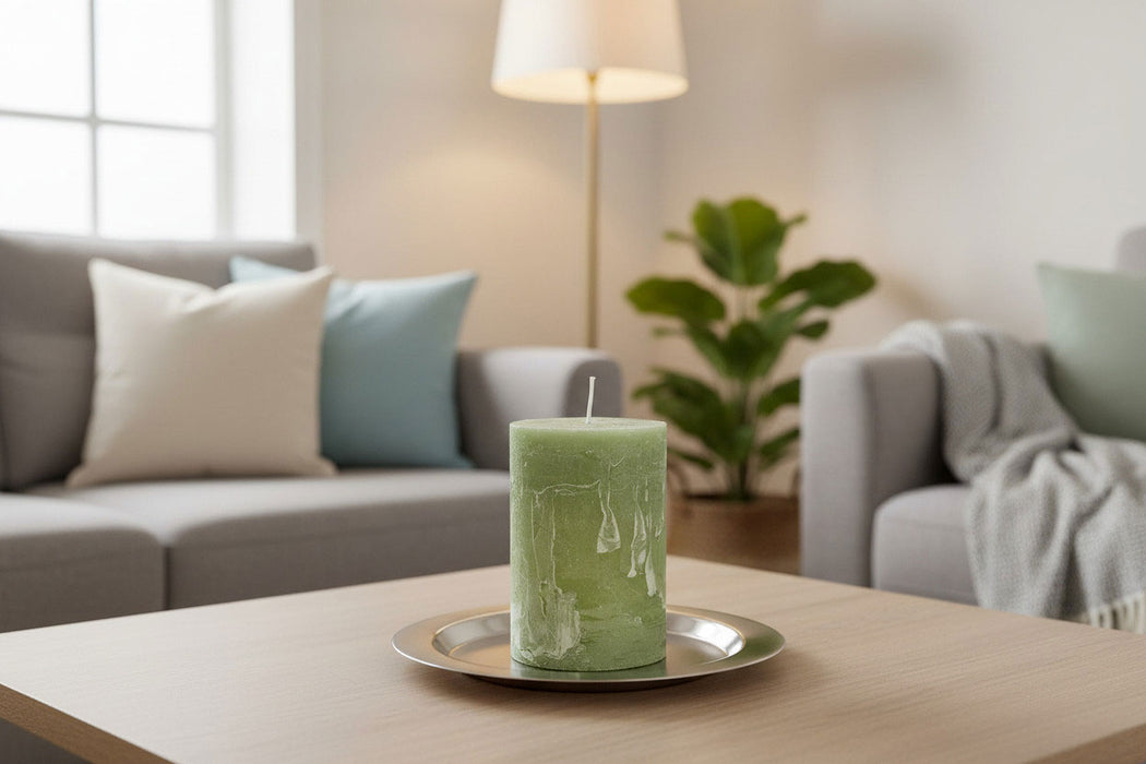 Exklusive Stumpenkerze 10x6,8cm Ribe Rustik Grün Green Tea - Made in EU - Wachskerze