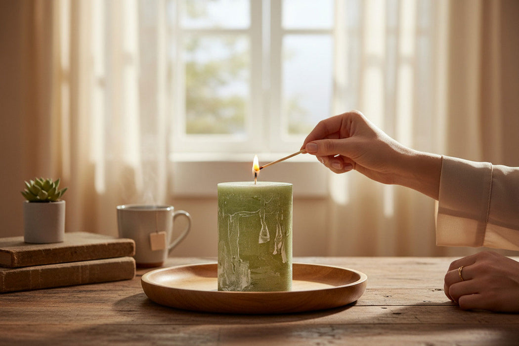 Exklusive Stumpenkerze 10x6,8cm Ribe Rustik Grün Green Tea - Made in EU - Wachskerze