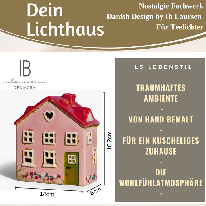 KI-generiertes Bild,Teelichthaus Lichterhaus Nyhavn 16cm Rosa Rot Keramik Fachwerkhaus Teelichthalter