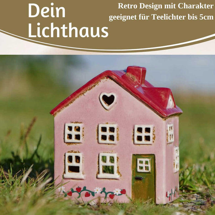 KI-generiertes Bild,Teelichthaus Lichterhaus Nyhavn 16cm Rosa Rot Keramik Fachwerkhaus Teelichthalter