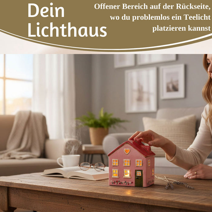 KI-generiertes Bild,Teelichthaus Lichterhaus Nyhavn 16cm Rosa Rot Keramik Fachwerkhaus Teelichthalter