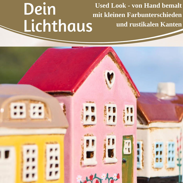 KI-generiertes Bild,Teelichthaus Lichterhaus Nyhavn 16cm Rosa Rot Keramik Fachwerkhaus Teelichthalter