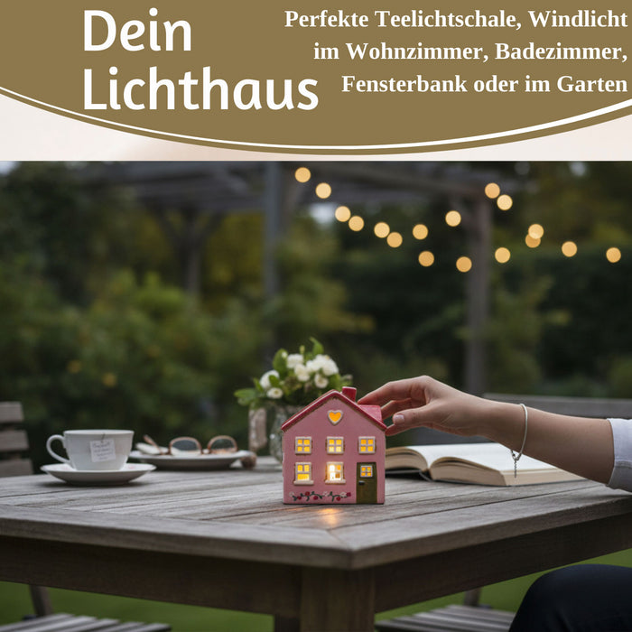 KI-generiertes Bild,Teelichthaus Lichterhaus Nyhavn 16cm Rosa Rot Keramik Fachwerkhaus Teelichthalter