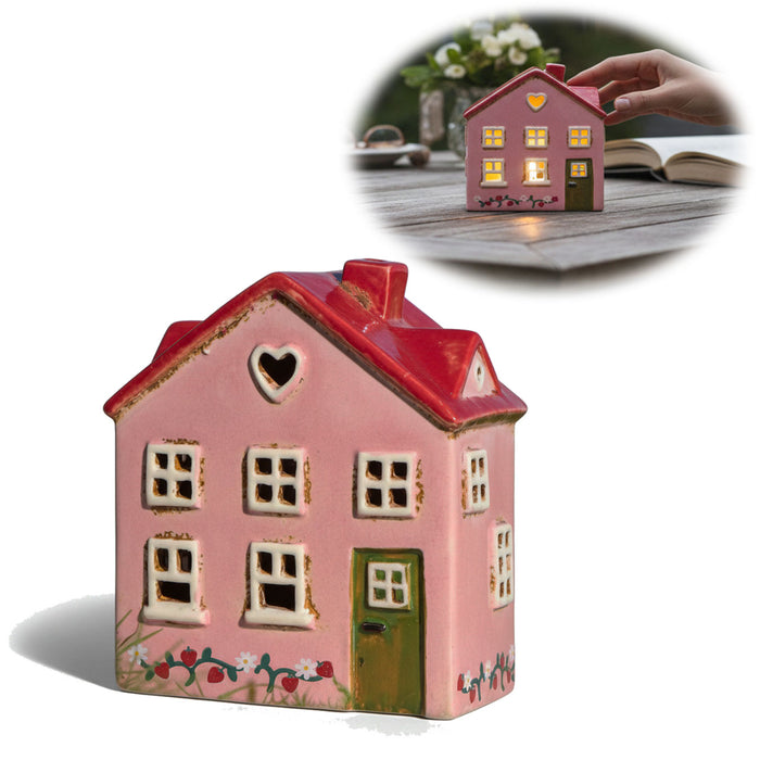 KI-generiertes Bild Teelichthaus Lichterhaus Nyhavn 16cm Rosa Rot Keramik Fachwerkhaus Teelichthalter