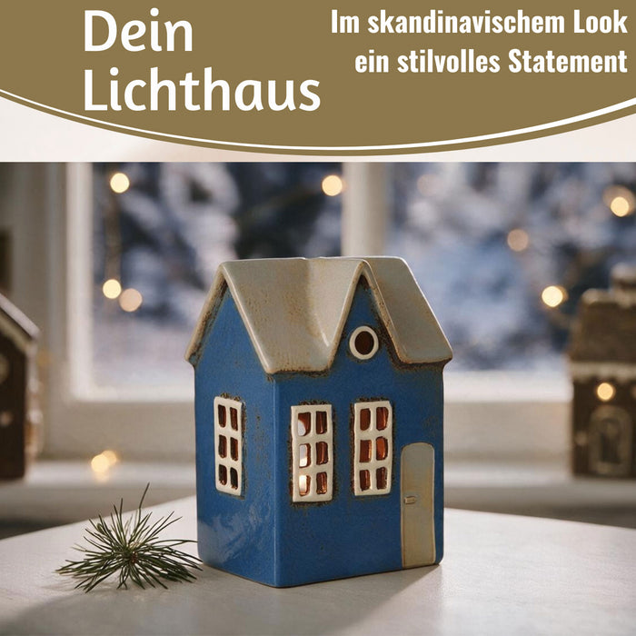 KI-generiertes Bild,Teelichthaus Lichterhaus Nyhavn 17cm Blau Keramik Fachwerkhaus Teelichthalter
