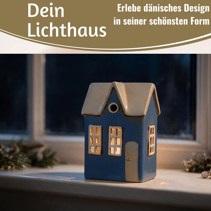 KI-generiertes Bild,Teelichthaus Lichterhaus Nyhavn 17cm Blau Keramik Fachwerkhaus Teelichthalter