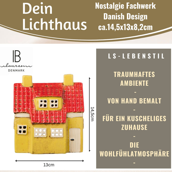 KI-generiertes Bild,Teelichthaus Lichterhaus Nyhavn 18cm Gelb Blau Keramik Fachwerkhaus Teelichthalter