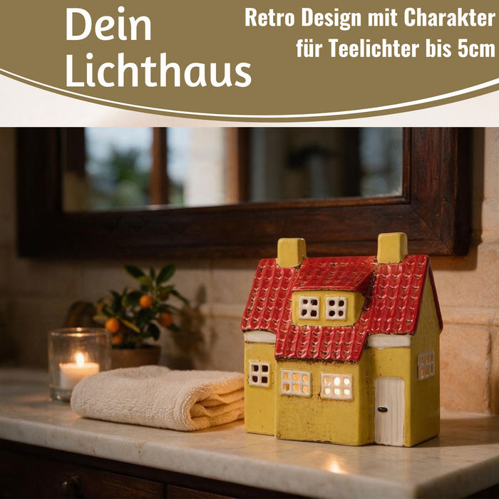 KI-generiertes Bild,Teelichthaus Lichterhaus Nyhavn 18cm Gelb Blau Keramik Fachwerkhaus Teelichthalter