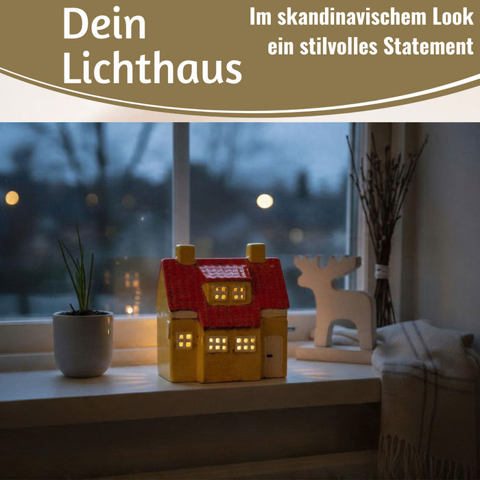 KI-generiertes Bild,Teelichthaus Lichterhaus Nyhavn 18cm Gelb Blau Keramik Fachwerkhaus Teelichthalter