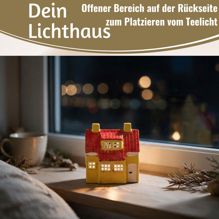 KI-generiertes Bild,Teelichthaus Lichterhaus Nyhavn 18cm Gelb Blau Keramik Fachwerkhaus Teelichthalter
