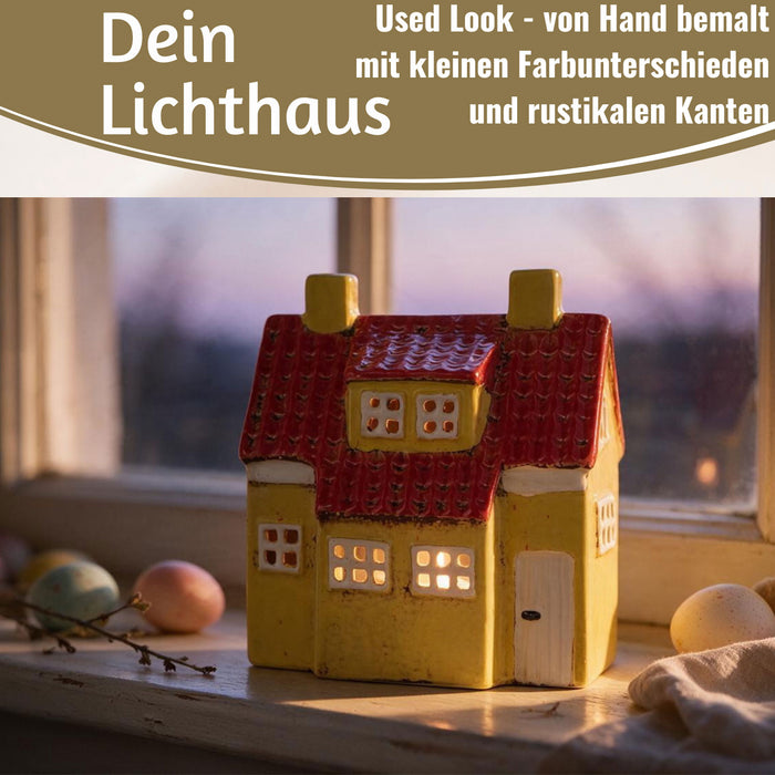 KI-generiertes Bild,Teelichthaus Lichterhaus Nyhavn 18cm Gelb Blau Keramik Fachwerkhaus Teelichthalter