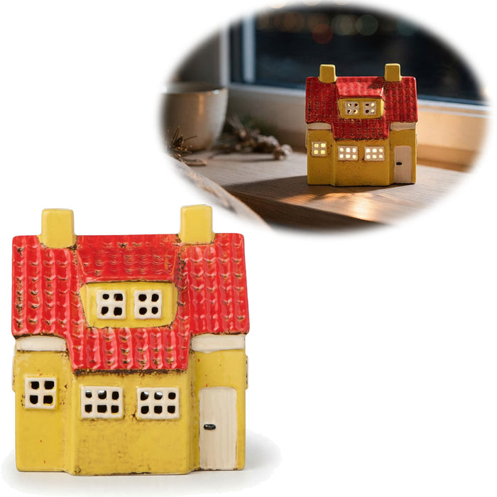KI-generiertes Bild Teelichthaus Lichterhaus Nyhavn 14cm Gelb Rot Keramik Fachwerkhaus Teelichthalter