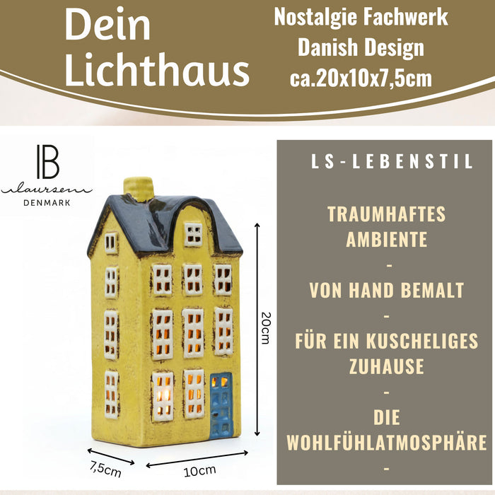 KI-generiertes Bild,Teelichthaus Lichterhaus Nyhavn 20cm Gelb Blau Keramik Fachwerkhaus Teelichthalter