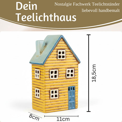 Teelichthaus Lichterhaus Nyhavn 18cm Gelb Blau Keramik Fachwerkhaus Teelichthalter