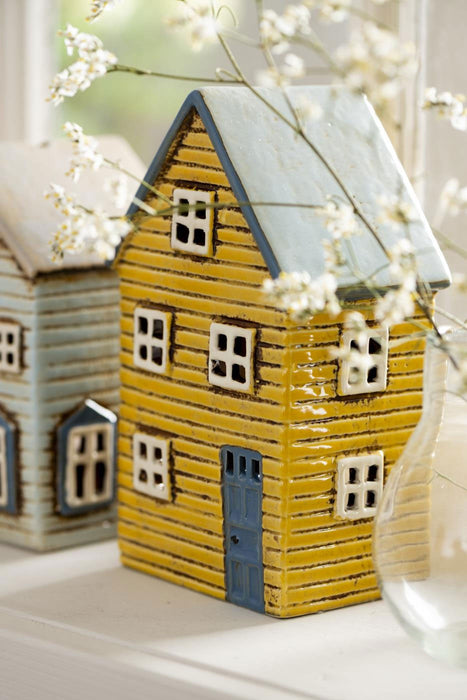 Teelichthaus Lichterhaus Nyhavn 18cm Gelb Blau Keramik Fachwerkhaus Teelichthalter