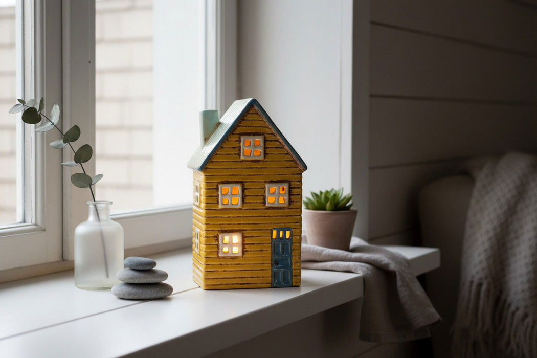 Teelichthaus Lichterhaus Nyhavn 18cm Gelb Blau Keramik Fachwerkhaus Teelichthalter
