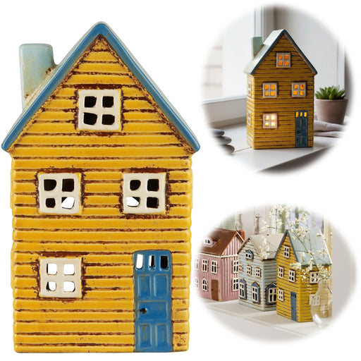 Teelichthaus Lichterhaus Nyhavn 18cm Gelb Blau Keramik Fachwerkhaus Teelichthalter