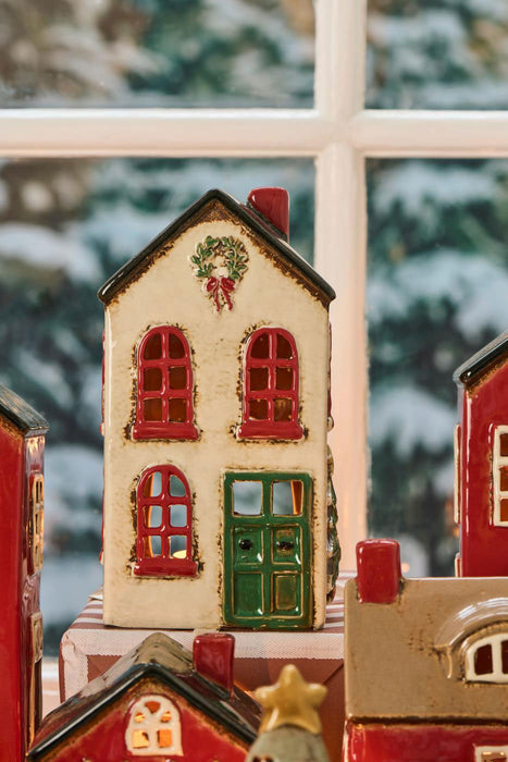Teelichthaus Lichterhaus Nyhavn 19cm Beige Rot Keramik Fachwerkhaus Teelichthalter