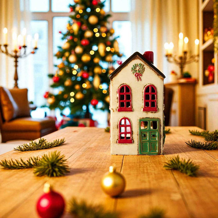 Teelichthaus Lichterhaus Nyhavn 19cm Beige Rot Keramik Fachwerkhaus Teelichthalter