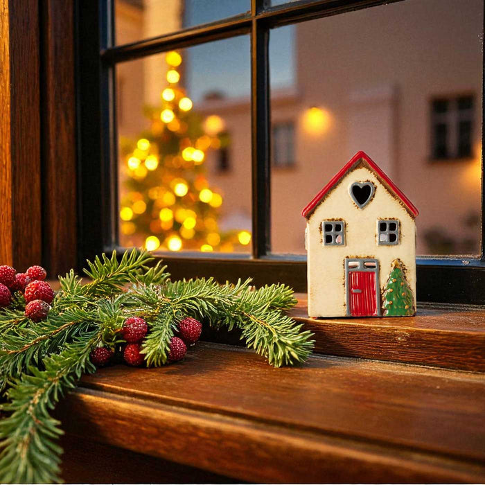 Teelichthaus Lichterhaus Nyhavn 14cm Beige Rot Keramik Fachwerkhaus Teelichthalter