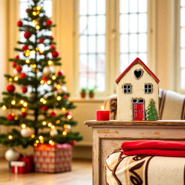 Teelichthaus Lichterhaus Nyhavn 14cm Beige Rot Keramik Fachwerkhaus Teelichthalter