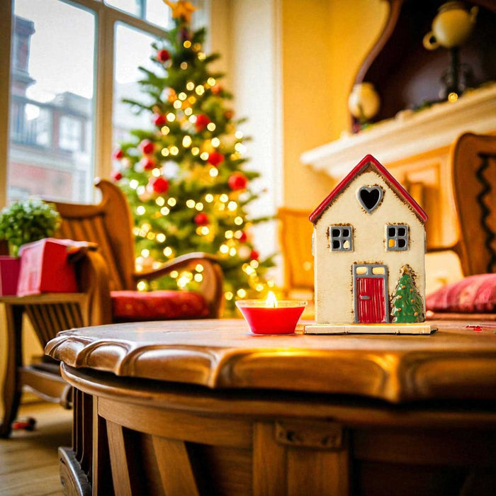 Teelichthaus Lichterhaus Nyhavn 14cm Beige Rot Keramik Fachwerkhaus Teelichthalter