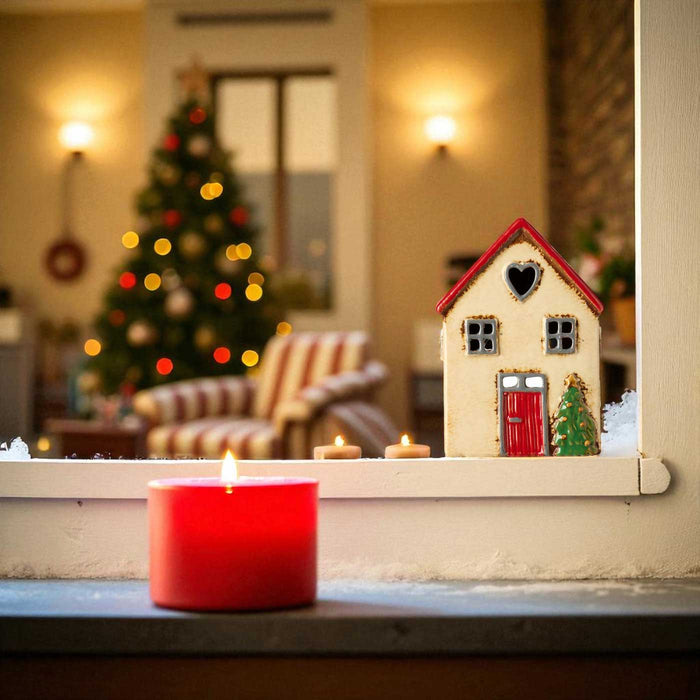 Teelichthaus Lichterhaus Nyhavn 14cm Beige Rot Keramik Fachwerkhaus Teelichthalter